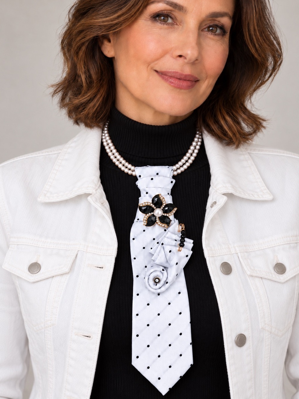 Wearable Art! Polka Dot Necktie Necklace with Pearls & Black Flower Brooch